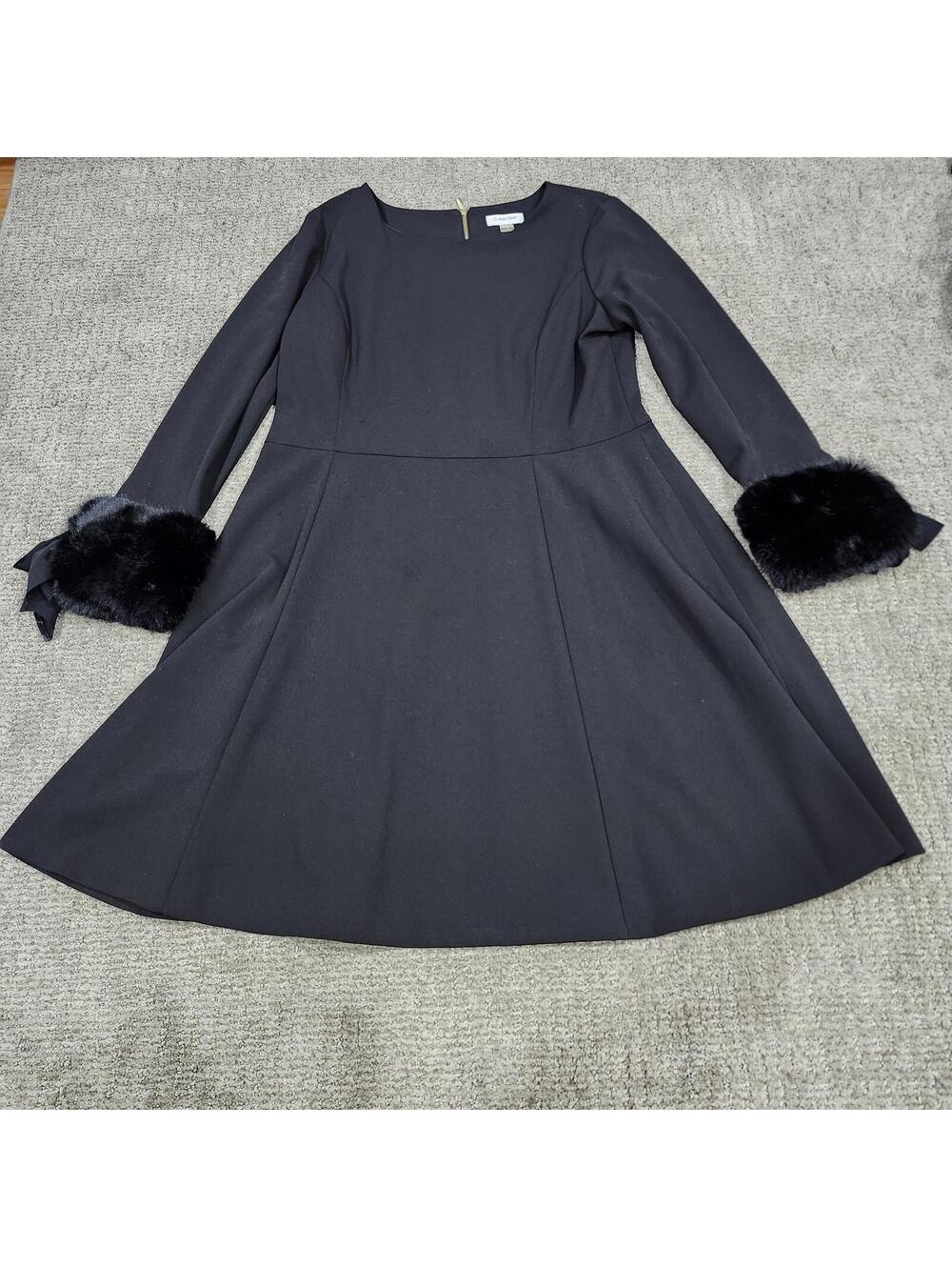 Calvin Klein Black Long Sleeve Fit and Flare Dress with Faux Fur Cuffs Size 16 - Picture 12 of 12